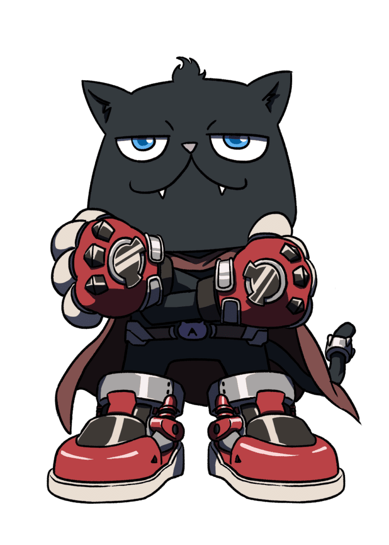 A black cat with red gloves and a helmet.